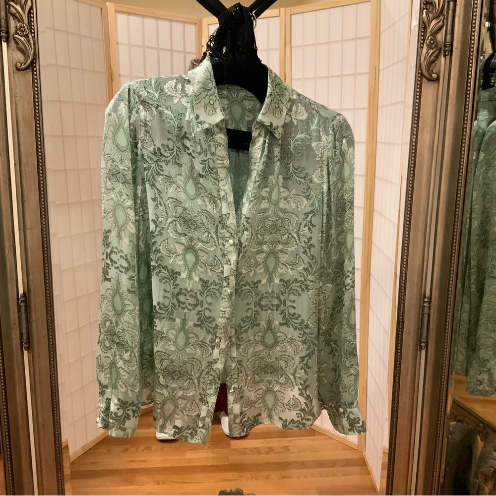 Alice + Olivia Sheer Green Damask Button-Down Blouse